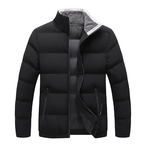 black puffer jacket with grey detailing displayed on a white background, jacket has two zip pockets in front.