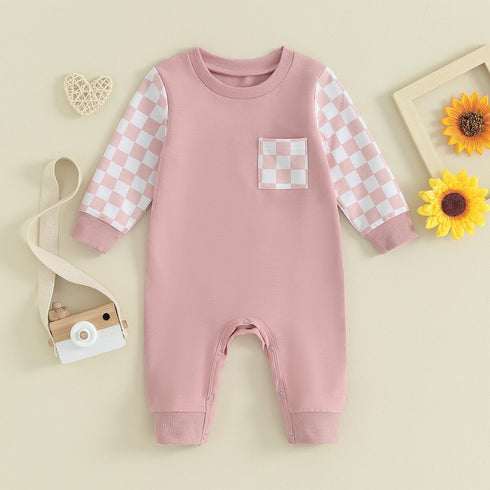 baby jumpsuit in pink colour with checked on pocket and sleeves