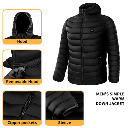 Mens Heated Puffer Jacket Electric Heating Insulated Hood Windbreaker