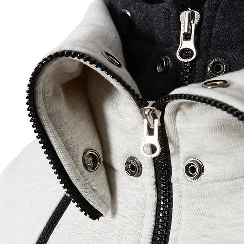 closeup view of zips on white hooded jacket