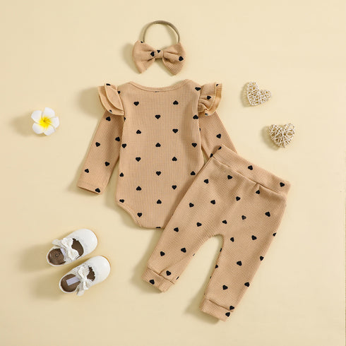 Kid's Heart Printing Jumpsuit, Trousers, Hair Band, Three-piece Set