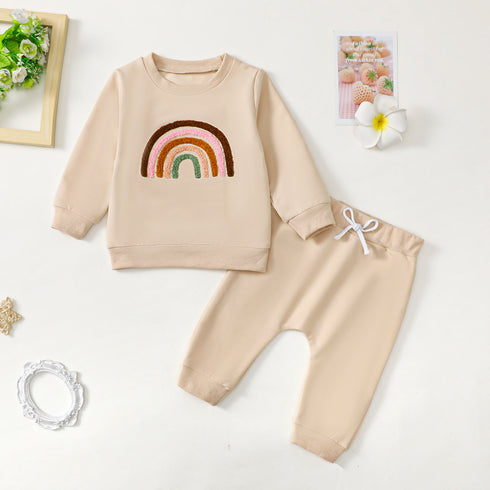 Kid's Four-color Embroidery Rainbow Shirt Fake Drawstring Trousers Two-piece Set