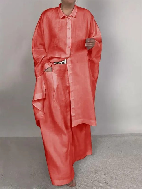 Womens Casual Dress Loose Solid Color Shirt Outfit Wide Leg Pants Two-piece Set