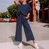 Dark blue Jumpsuit, short sleeves, wide trouser with string closure