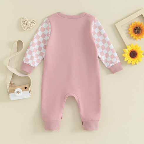 back view of baby jumpsuit in pink colour with checked on pocket and sleeves