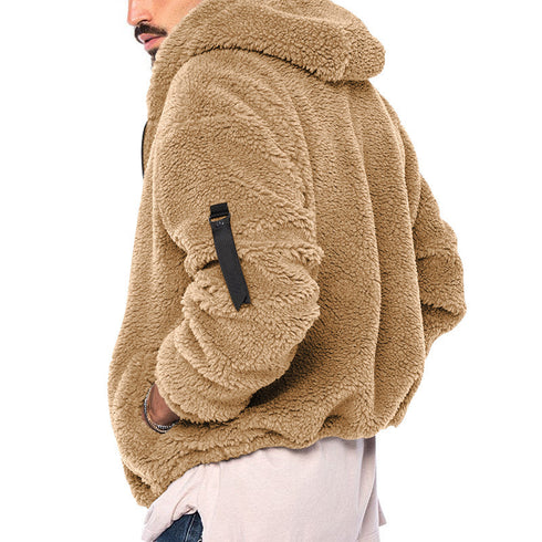 side view of men's khaki winter fur double-sided hooded jacket