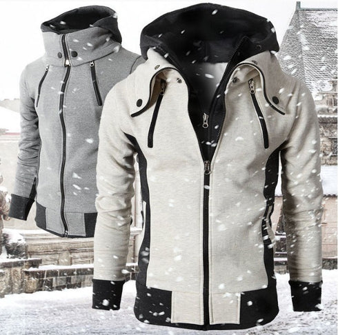 Men high neck hooded jacket displayed in two colours on a snowy background