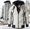 Men high neck hooded jacket displayed in two colours on a snowy background