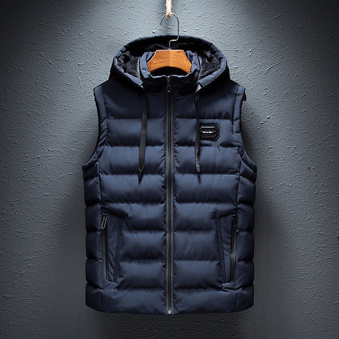 Blue puffer jacket with two zip pockets and hood strings
