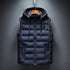 Blue puffer jacket with two zip pockets and hood strings
