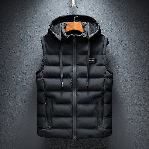 Black puffer jacket with two zip pockets and hood strings
