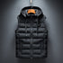Black puffer jacket with two zip pockets and hood strings