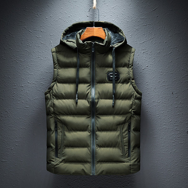Olive green puffer jacket with two zip pockets and hood strings