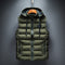 Olive green puffer jacket with two zip pockets and hood strings
