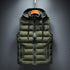 Olive green puffer jacket with two zip pockets and hood strings