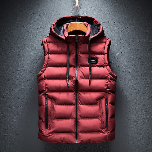 Red puffer jacket with two zip pockets and hood strings