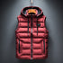 Red puffer jacket with two zip pockets and hood strings