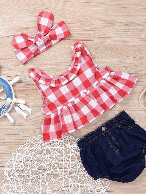 Kid's Plaid Top, Denim Shorts. Headdress Three-piece Set