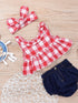 Kid's Plaid Top, Denim Shorts. Headdress Three-piece Set