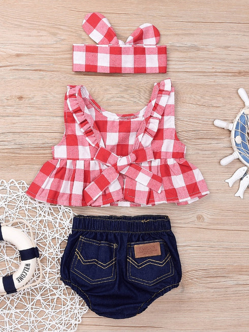Kid's Plaid Top, Denim Shorts. Headdress Three-piece Set