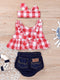 Kid's Plaid Top, Denim Shorts. Headdress Three-piece Set