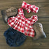Kid's Plaid Top, Denim Shorts. Headdress Three-piece Set