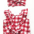 Kid's Plaid Top, Denim Shorts. Headdress Three-piece Set