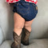 Kid's Plaid Top, Denim Shorts. Headdress Three-piece Set