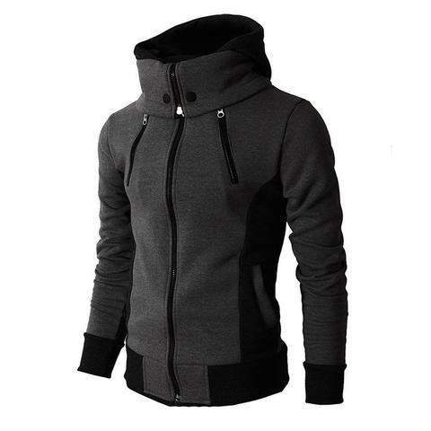 Men high neck hooded jacket displayed in dark grey colour on a white background
