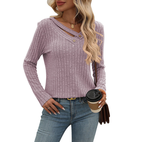 Women's Loose Casual V-neck Stripe T-shirt
