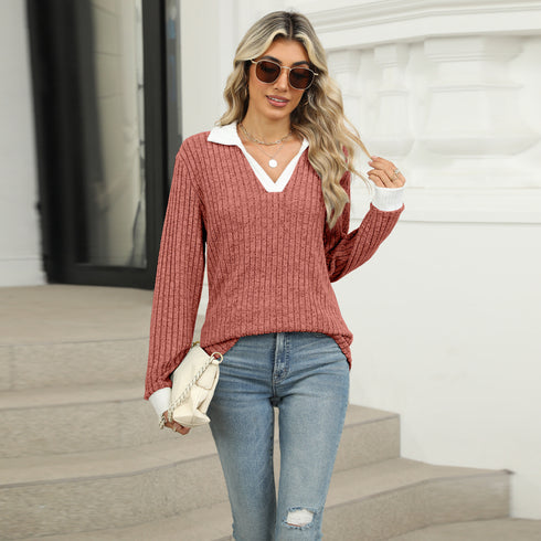 Women's Lapel Long Sleeve Loose-fitting T-shirt