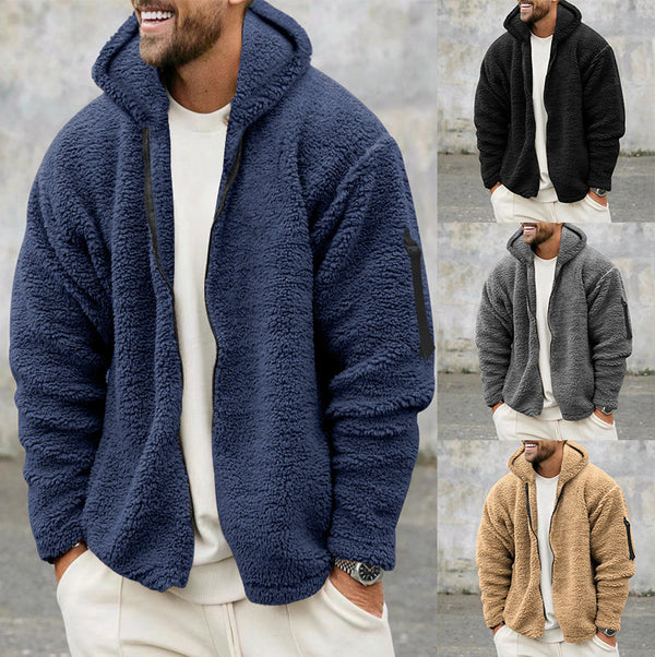 A collage of men's winter fur double-sided hooded jackets in various colors such as blue, black, gray, and brown, featuring a loose-fitting design and a hood.