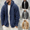A collage of men's winter fur double-sided hooded jackets in various colors such as blue, black, gray, and brown, featuring a loose-fitting design and a hood.