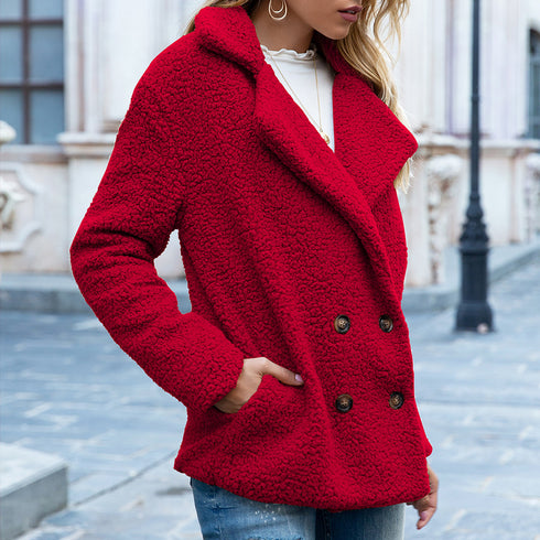 loose lapel fluffy coat in red colour