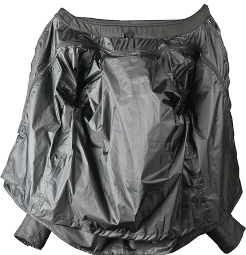 Inner of a black motorbike touring jacket with a standing collar, zipper details, and multiple pockets.