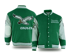 Green and white jacket with Philadelphia Eagles logo on a white background