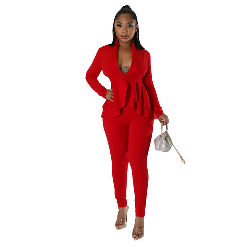 Womens Flounce Long Sleeve Pencil Pants Suit Set Narrow V-Neck