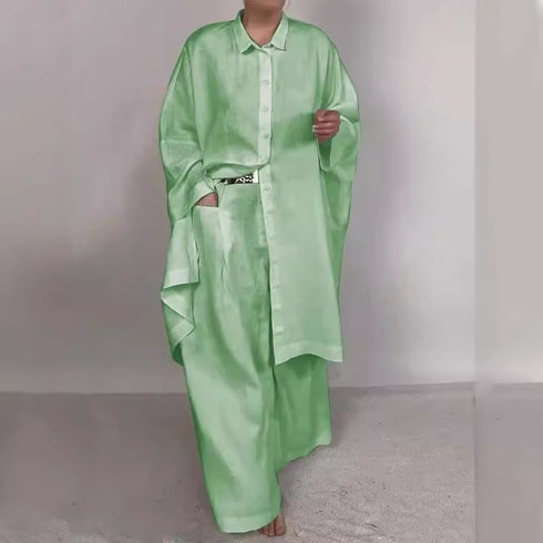 Womens Casual Dress Loose Solid Color Shirt Outfit Wide Leg Pants Two-piece Set