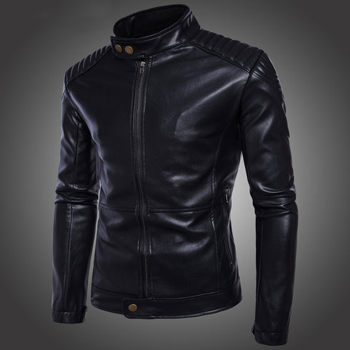 A black leather men's jacket with a standing collar, zipper placket, and metal buttons for the closure, slim fit