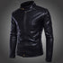 A black leather men's jacket with a standing collar, zipper placket, and metal buttons for the closure, slim fit