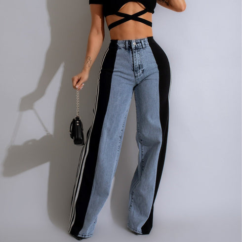 Women's High Waist Elastic Straight Leg Trousers Denim Wide Leg Pants Streetwear