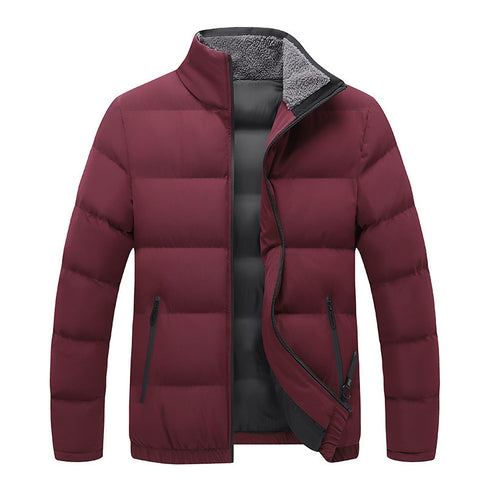 wine red puffer jacket with black detailing displayed on a white background, jacket has two zip pockets in front.