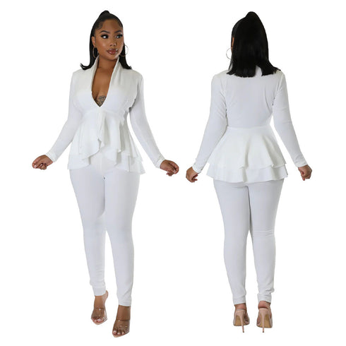 Womens Flounce Long Sleeve Pencil Pants Suit Set Narrow V-Neck
