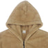 closeup view of hood of men's winter fur double-sided jacket, tag can be seen