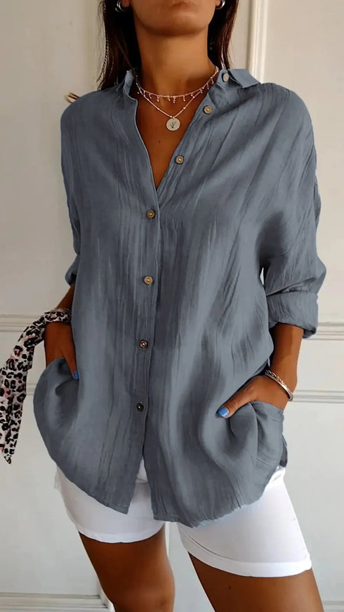 Women's Long Sleeve Single-breasted Pleated Shirt