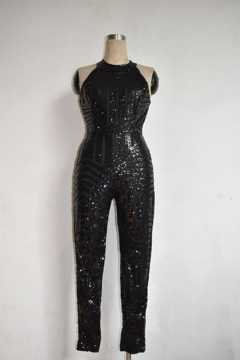 Women's Nude Back Jumpsuit Champagne Black