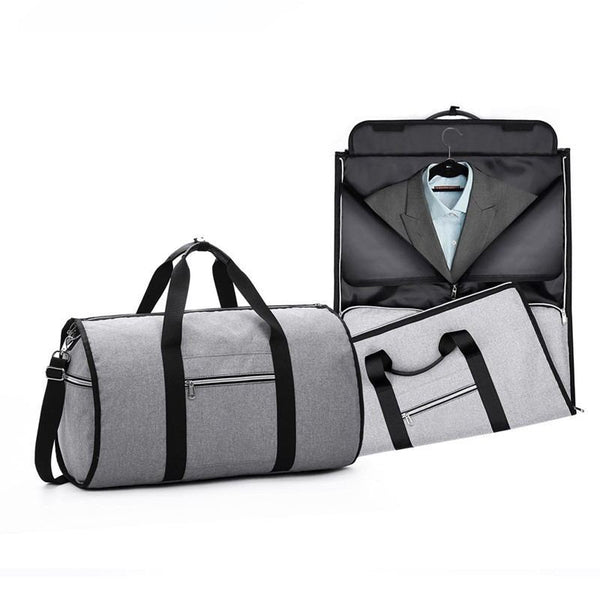 A set of cylinder travel bags in various colors including gray, showcasing different views with one bag opened to reveal a suit inside.