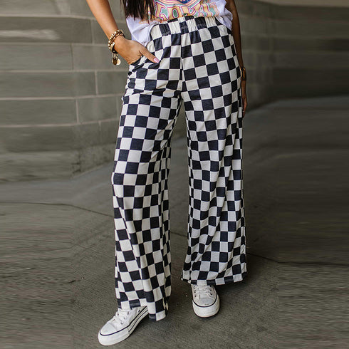 Women's Chessboard Plaid Printed Casual All-match Loose Wide-leg Pants