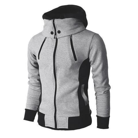 Men high neck hooded jacket displayed in grey colour on a white background