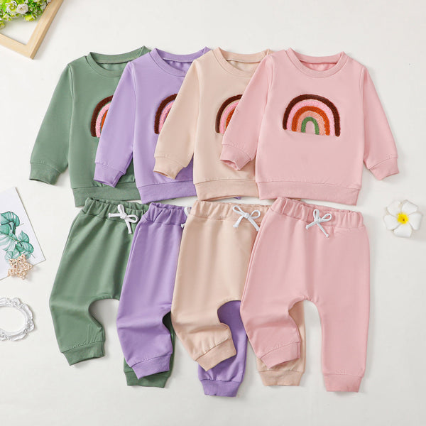 Kid's Four-color Embroidery Rainbow Shirt Fake Drawstring Trousers Two-piece Set